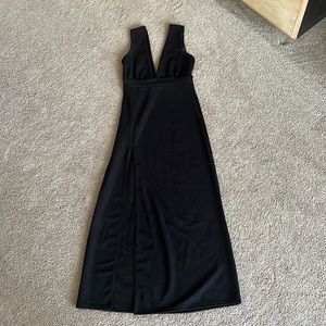 NASTY GAL Black Plunge Neck/High Thigh Slit Midi Dress